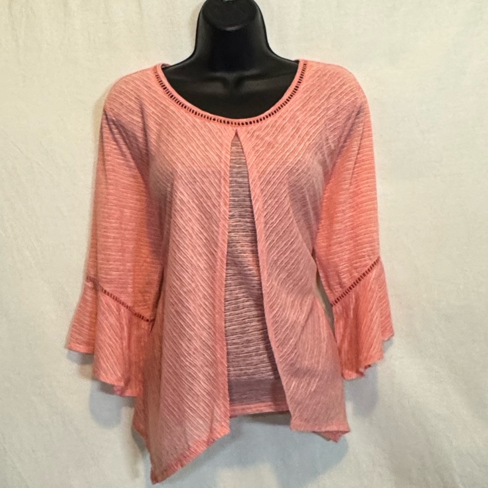 H-7 New Directions Pink Stripe 1/2 Length Bell Sleeve Pullover Blouse Size L‎